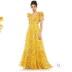 MAC DUGGAL - YELLOW RUFFLE TIERED FLORAL CUT-OUT CHIFFON GOWN
